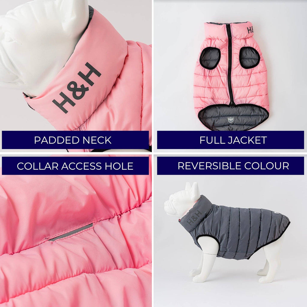 Hugo & Hudson - Vendbar Hundepufferjakke - Lyserød og Grå